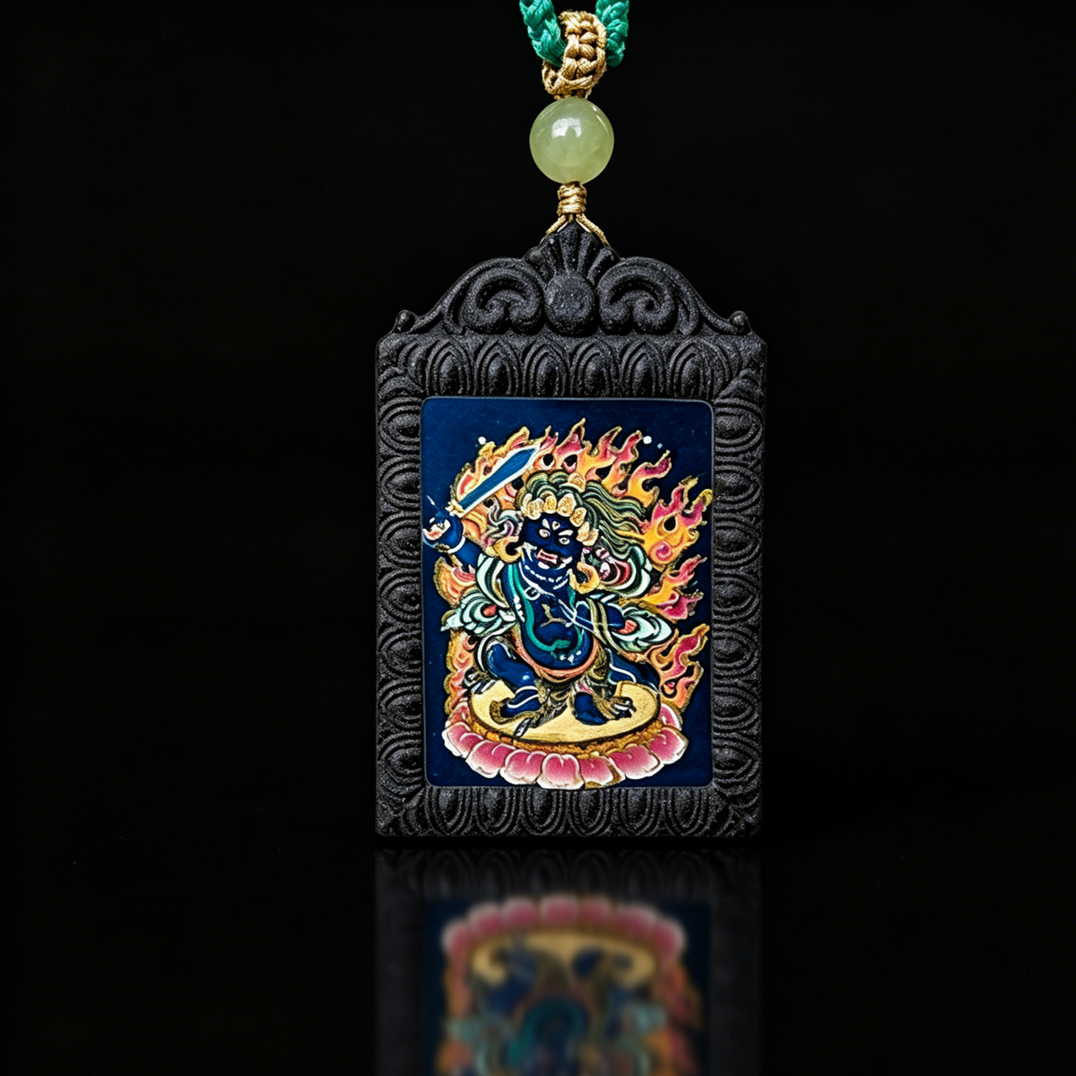 Handcrafted sandalwood incense plaque with Acala Wisdom King carving, front view
