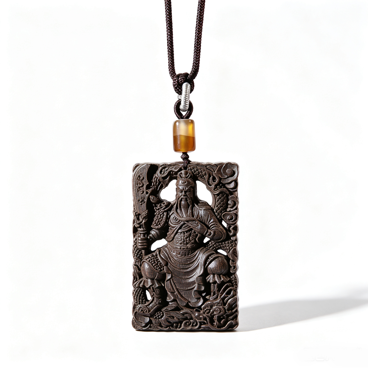 BEYUL Guan Gong aroma amulet pendant with cord and tassel — handmade pressed botanical beads, front view
