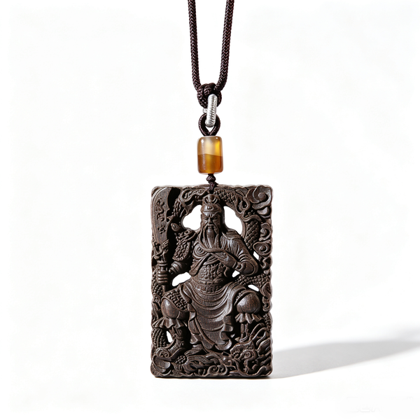 BEYUL Guan Gong aroma amulet pendant with cord and tassel — handmade pressed botanical beads, front view