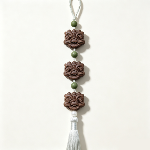 BEYUL Awakened Lion handmade aroma hanging charm with tassel — handmade pressed botanical beads, front view