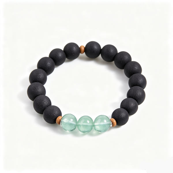BEYUL Pearl Essence black incense bead bracelet with fluorite accents — handmade pressed botanical beads, front view