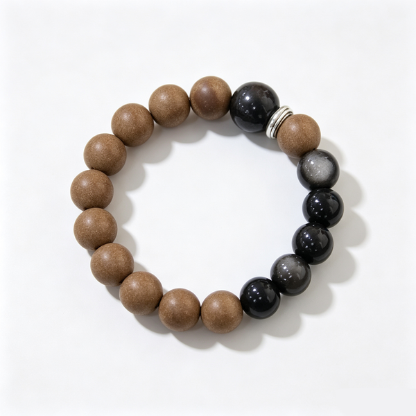 BEYUL Pear Chamber wood-tone incense bead bracelet — handmade pressed botanical beads, front view