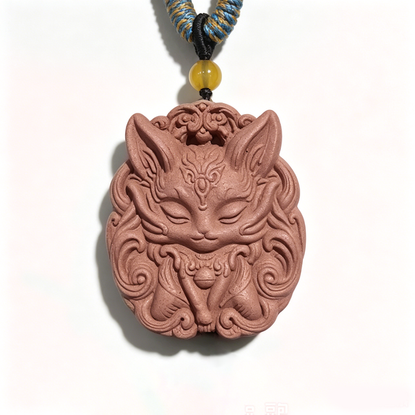 BEYUL Nine-Tailed Fox red aroma amulet pendant with amber bead — handmade pressed botanical beads, front view