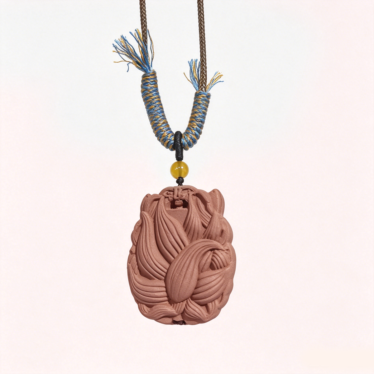 BEYUL Nine-Tailed Fox red aroma amulet pendant with amber bead — pressed botanical amulet on braided cord, alternate view 5