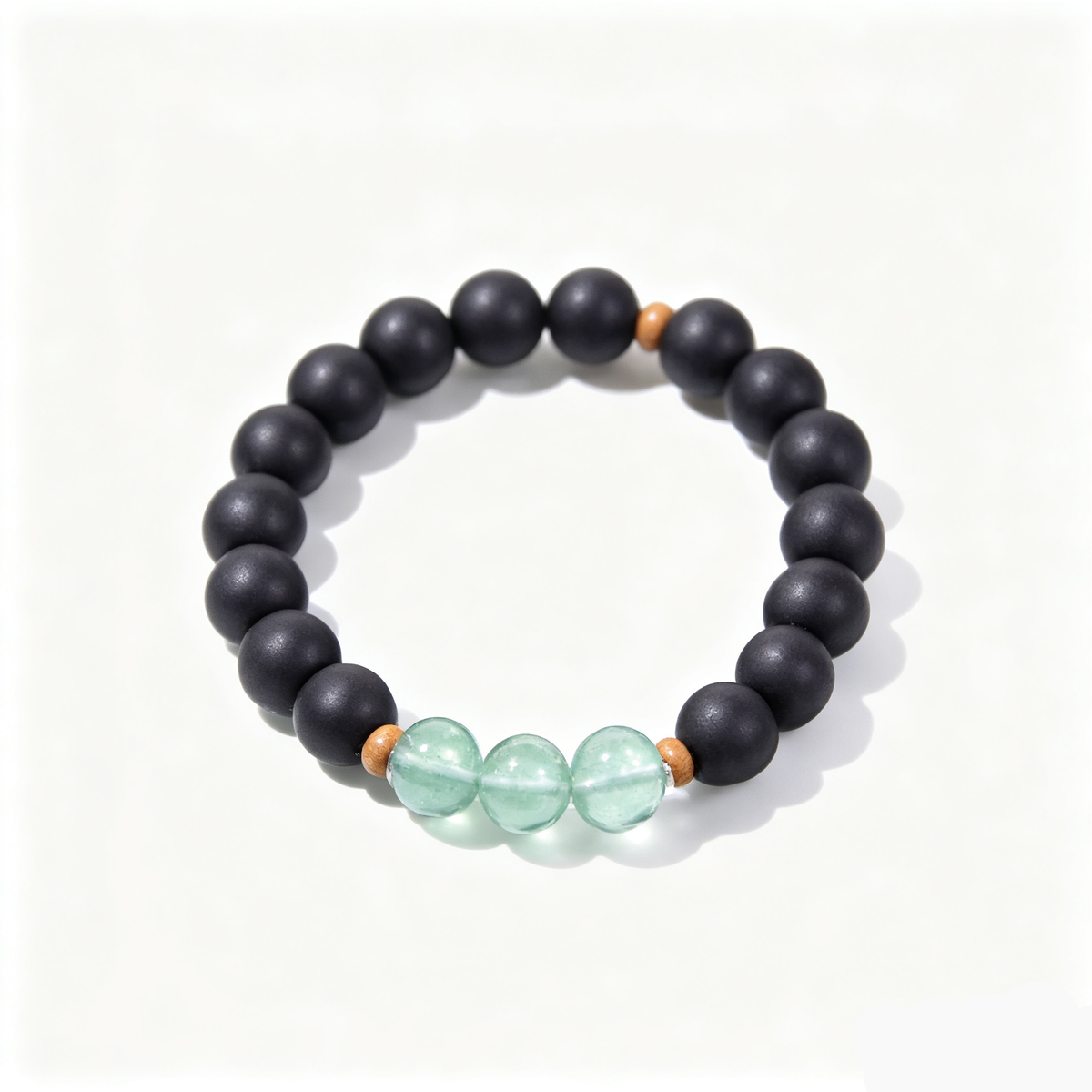 BEYUL Pearl Essence black incense bead bracelet with fluorite accents — hand-strung elastic bracelet, alternate view 3
