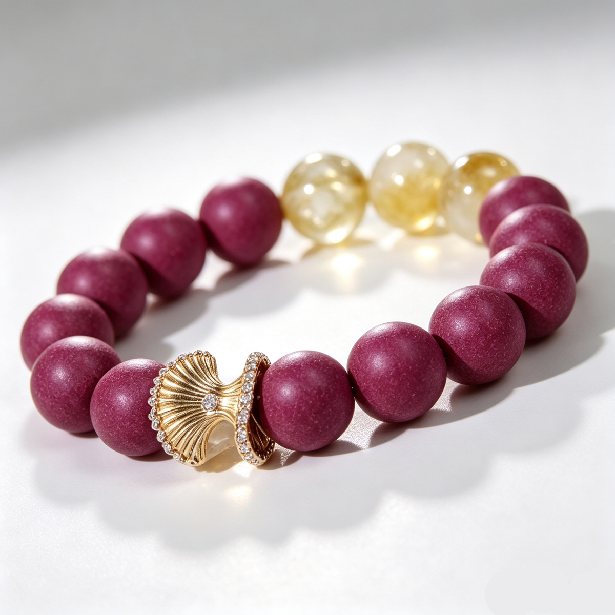 BEYUL Fire Element fuchsia incense bead bracelet with citrine and gold leaf charm — hand-strung elastic bracelet, alternate view 3