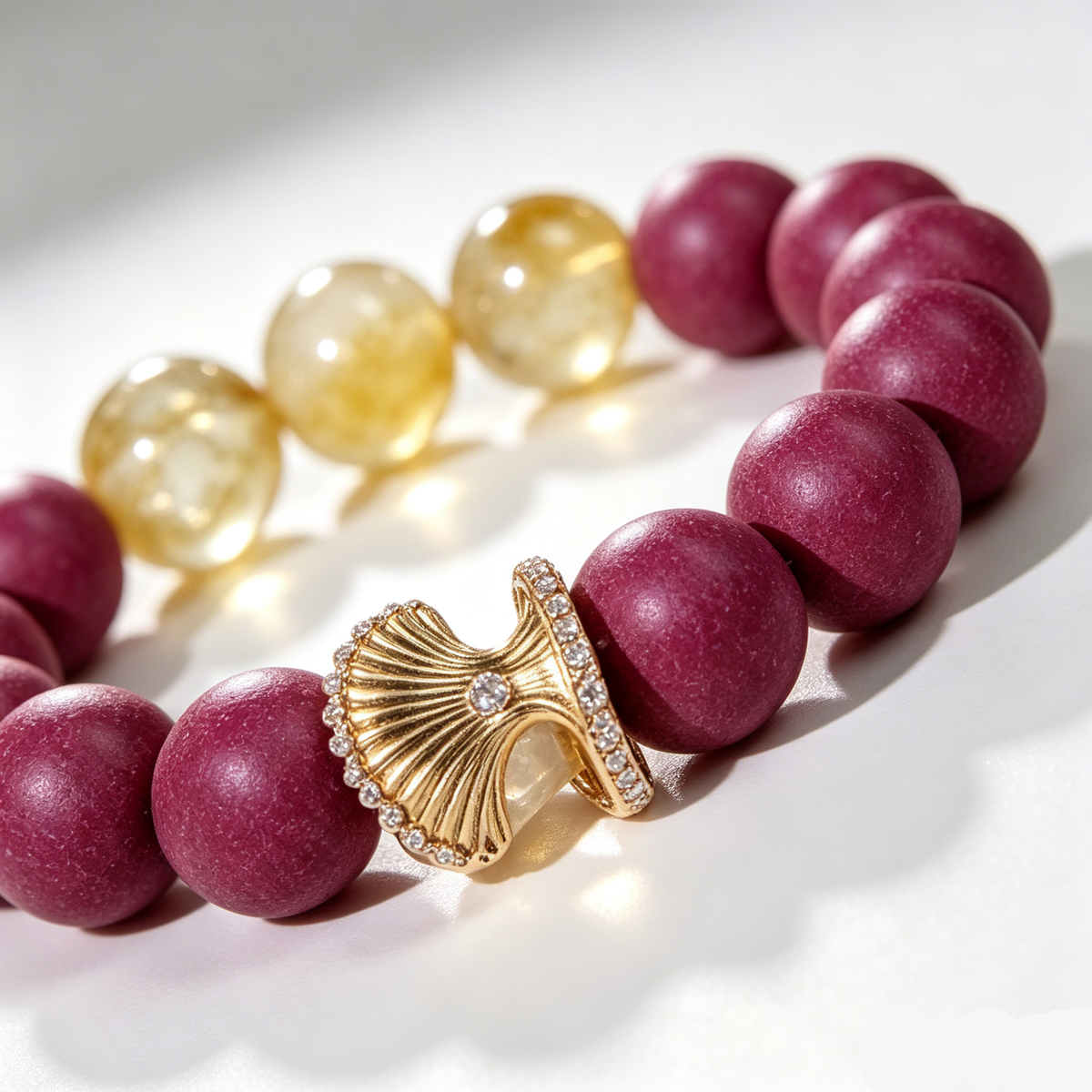 BEYUL Fire Element fuchsia incense bead bracelet with citrine and gold leaf charm — hand-strung elastic bracelet, alternate view 4