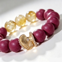 BEYUL Fire Element fuchsia incense bead bracelet with citrine and gold leaf charm — hand-strung elastic bracelet, alternate view 4