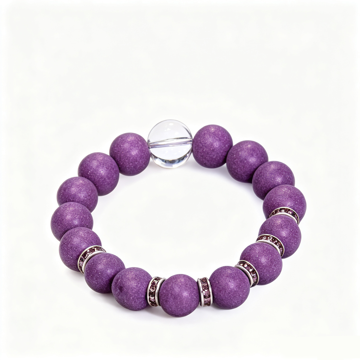 BEYUL Scholar's Clarity purple incense bead bracelet with clear quartz — hand-strung elastic bracelet, alternate view 4