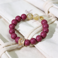 BEYUL Fire Element fuchsia incense bead bracelet with citrine and gold leaf charm — hand-strung elastic bracelet, alternate view 5