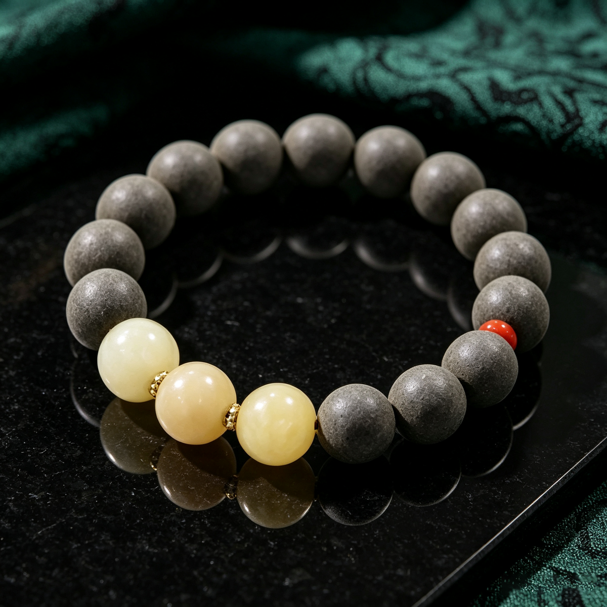 BEYUL Wood Element incense bead bracelet with jade beads — hand-strung elastic bracelet, alternate view 5