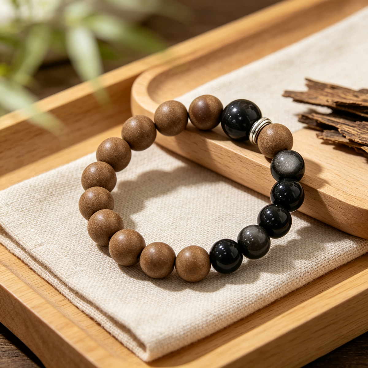 BEYUL Pear Chamber wood-tone incense bead bracelet — hand-strung elastic bracelet, alternate view 5