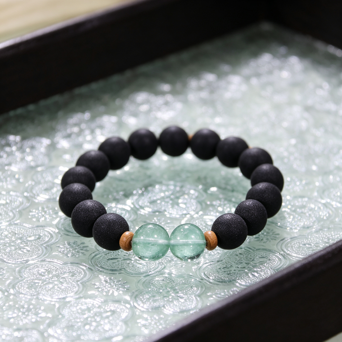 BEYUL Pearl Essence black incense bead bracelet with fluorite accents — hand-strung elastic bracelet, alternate view 5