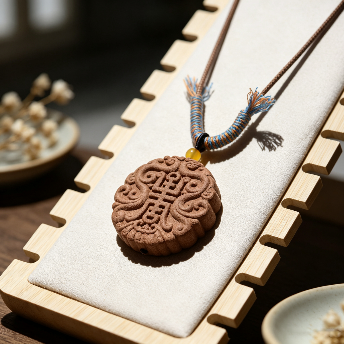 BEYUL Auspicious Longevity aroma amulet pendant with cord and tassel — pressed botanical amulet on braided cord, alternate view 6
