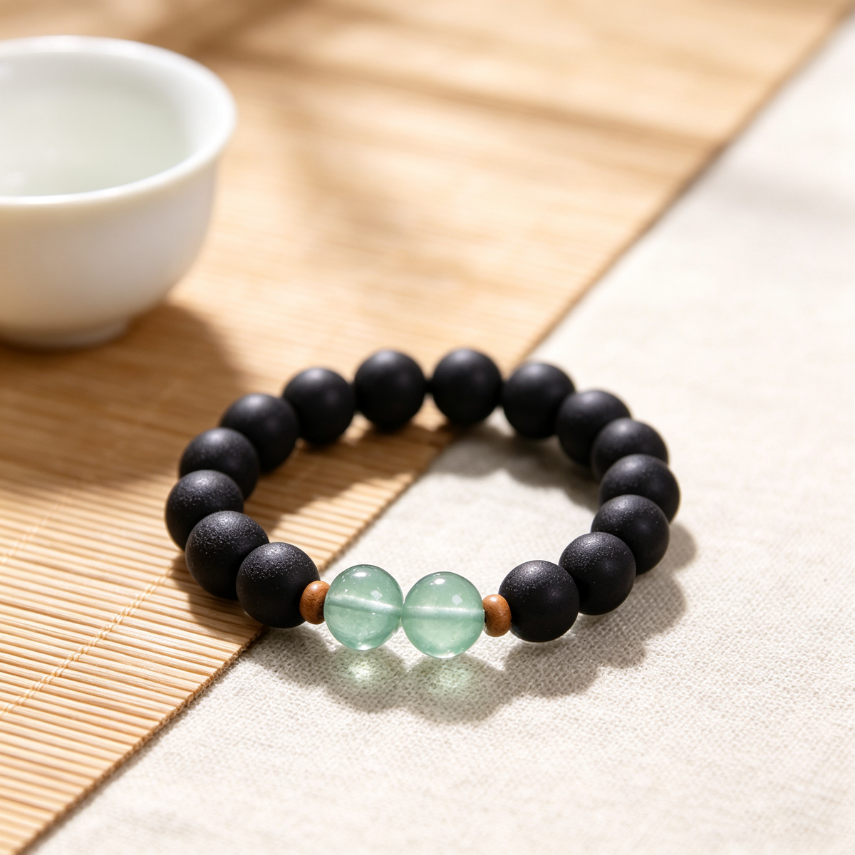 BEYUL Pearl Essence black incense bead bracelet with fluorite accents — hand-strung elastic bracelet, alternate view 6