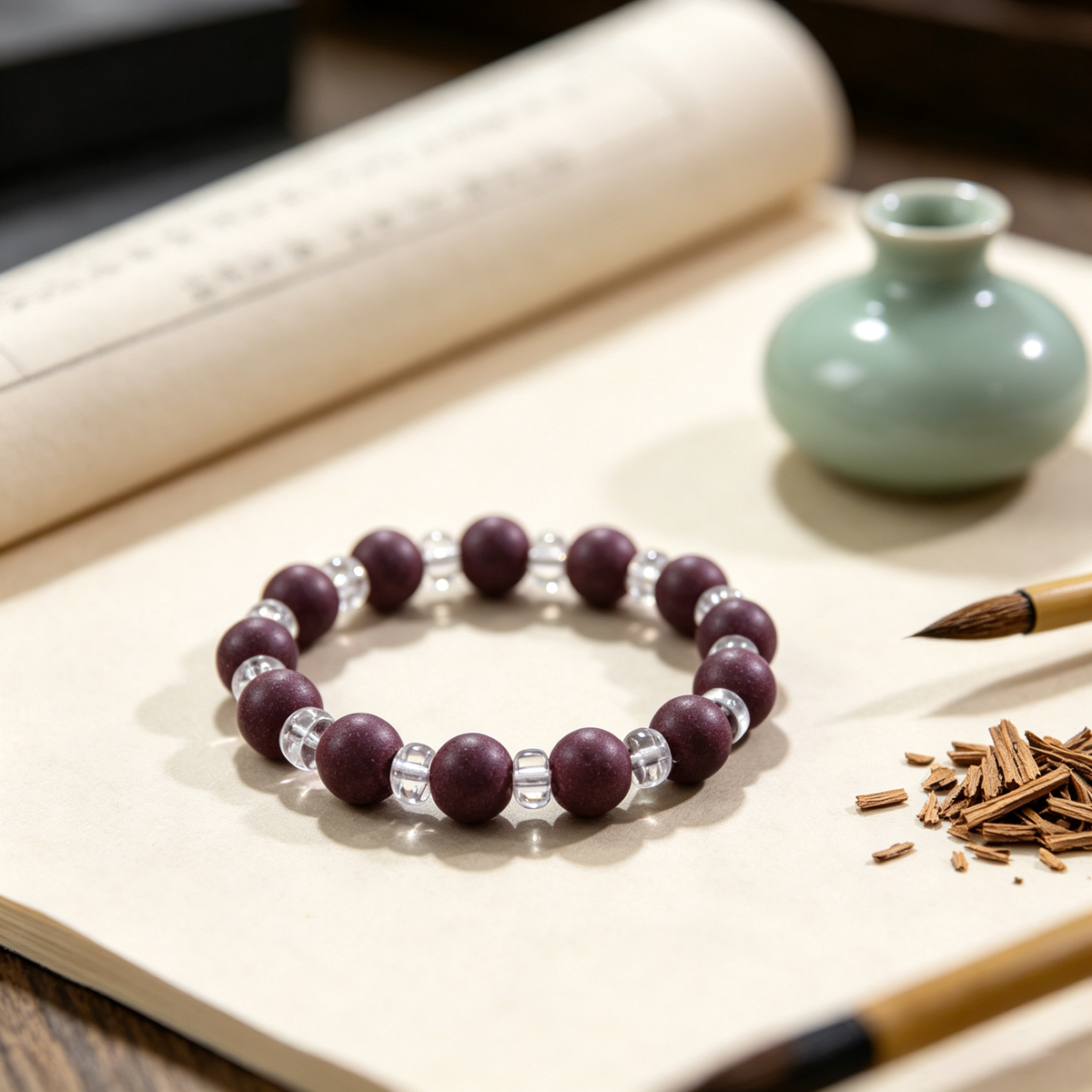 BEYUL Purple Rose plum incense bead bracelet with clear crystal — hand-strung elastic bracelet, alternate view 6