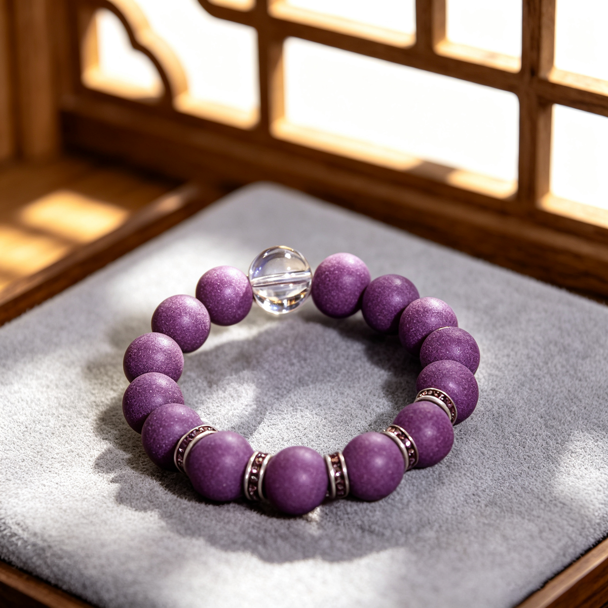 BEYUL Scholar's Clarity purple incense bead bracelet with clear quartz — hand-strung elastic bracelet, alternate view 6