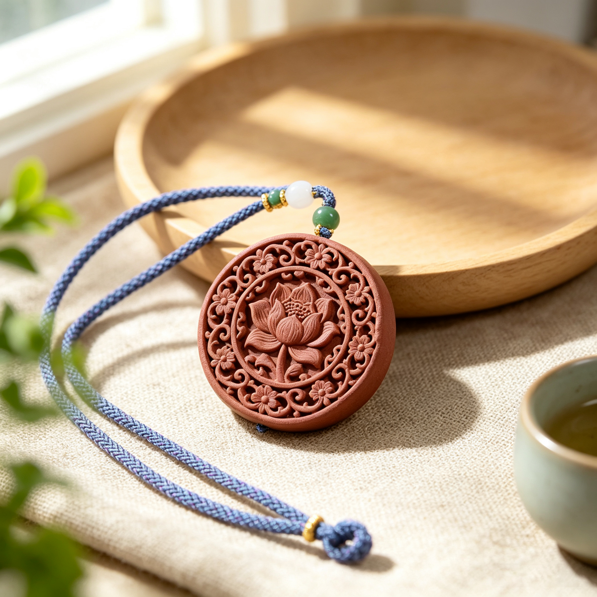 BEYUL Lotus aroma amulet pendant with cord and tassel — pressed botanical amulet on braided cord, alternate view 6