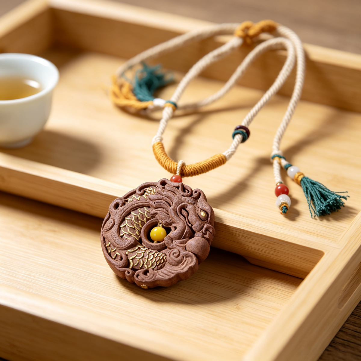 BEYUL Dragon Medallion aroma amulet pendant with cord and tassel — pressed botanical amulet on braided cord, alternate view 6