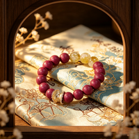 BEYUL Fire Element fuchsia incense bead bracelet with citrine and gold leaf charm — hand-strung elastic bracelet, alternate view 6