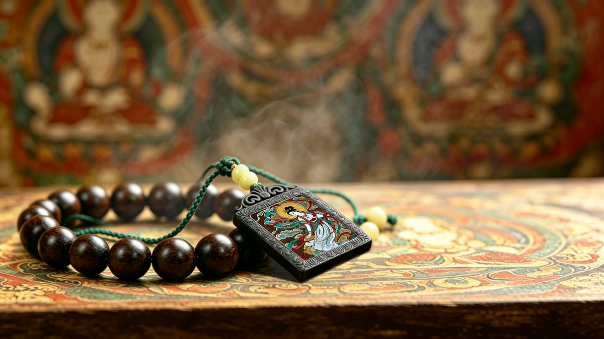 Handcrafted Tibetan incense pendant with agarwood and sandalwood beads on traditional Thangka background