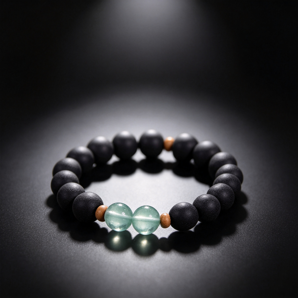 BEYUL Pearl Essence black incense bead bracelet with fluorite accents — hand-strung elastic bracelet, alternate view 2