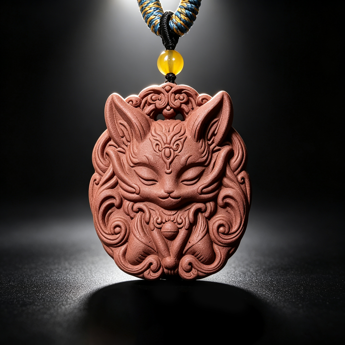 BEYUL Nine-Tailed Fox red aroma amulet pendant with amber bead — pressed botanical amulet on braided cord, alternate view 2