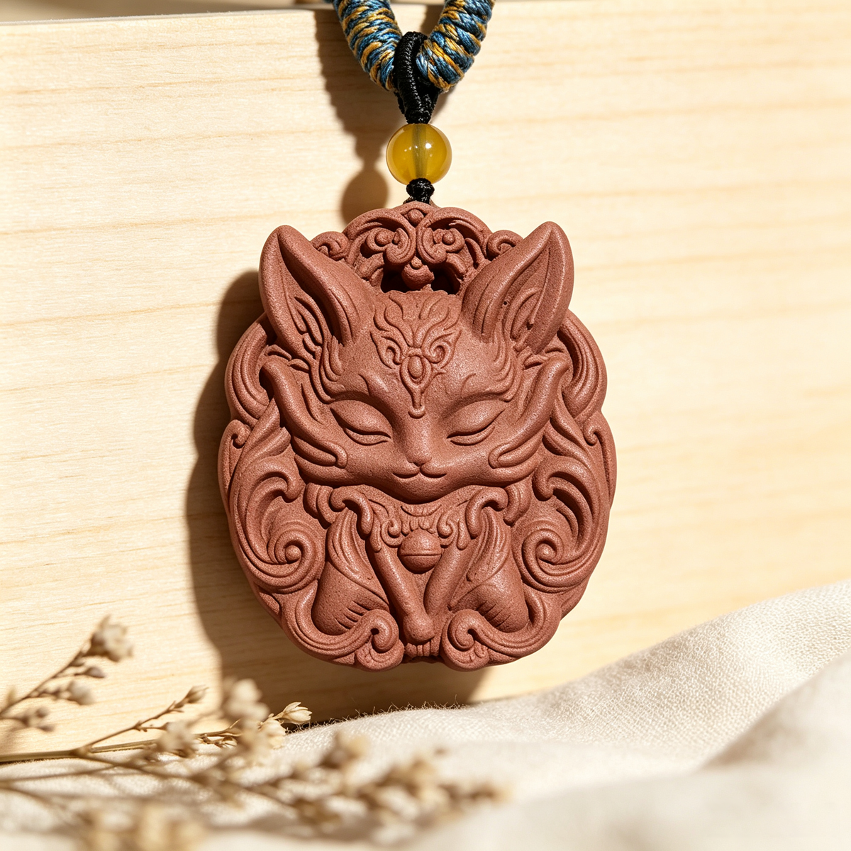 BEYUL Nine-Tailed Fox red aroma amulet pendant with amber bead — pressed botanical amulet on braided cord, alternate view 6