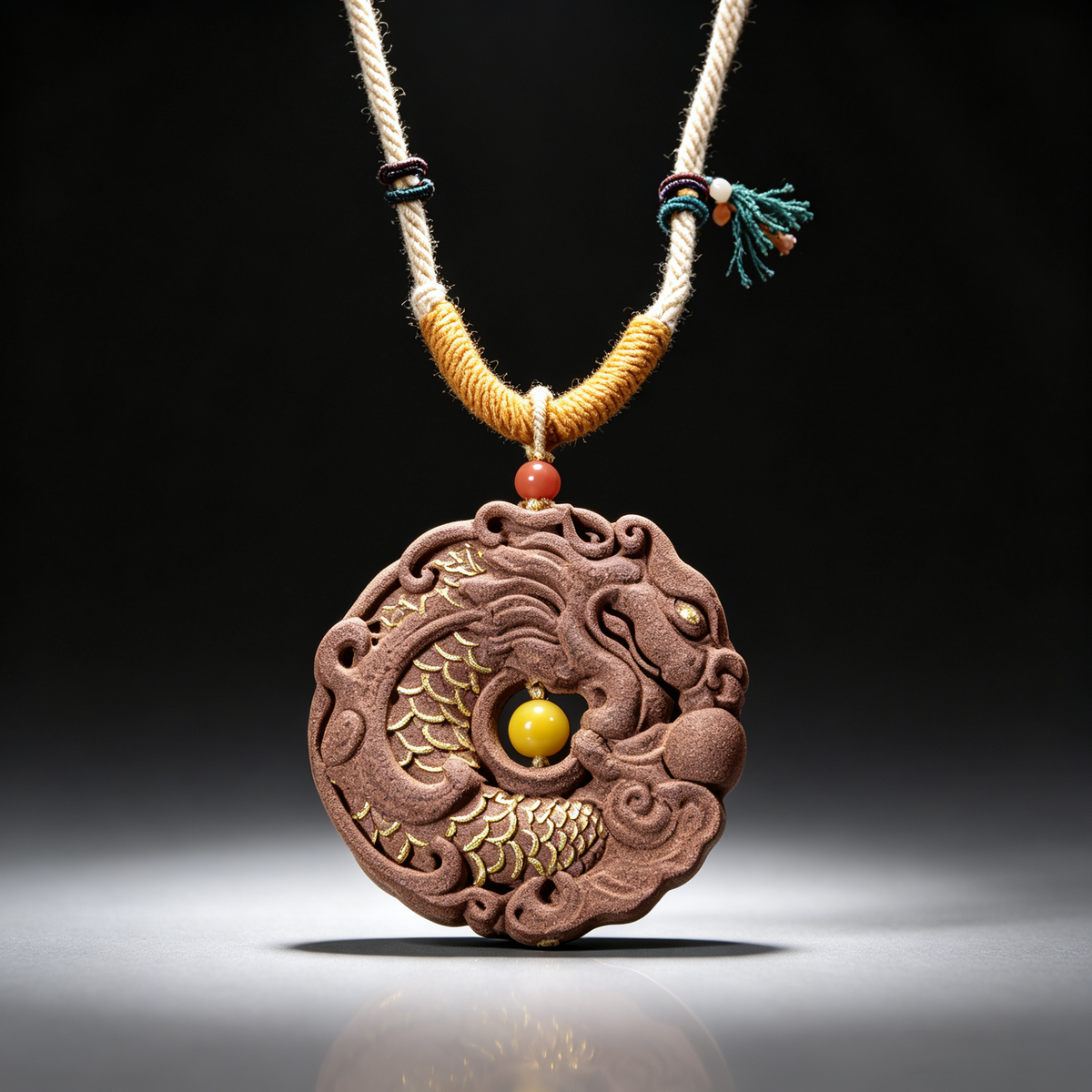 BEYUL Dragon Medallion aroma amulet pendant with cord and tassel — pressed botanical amulet on braided cord, alternate view 2