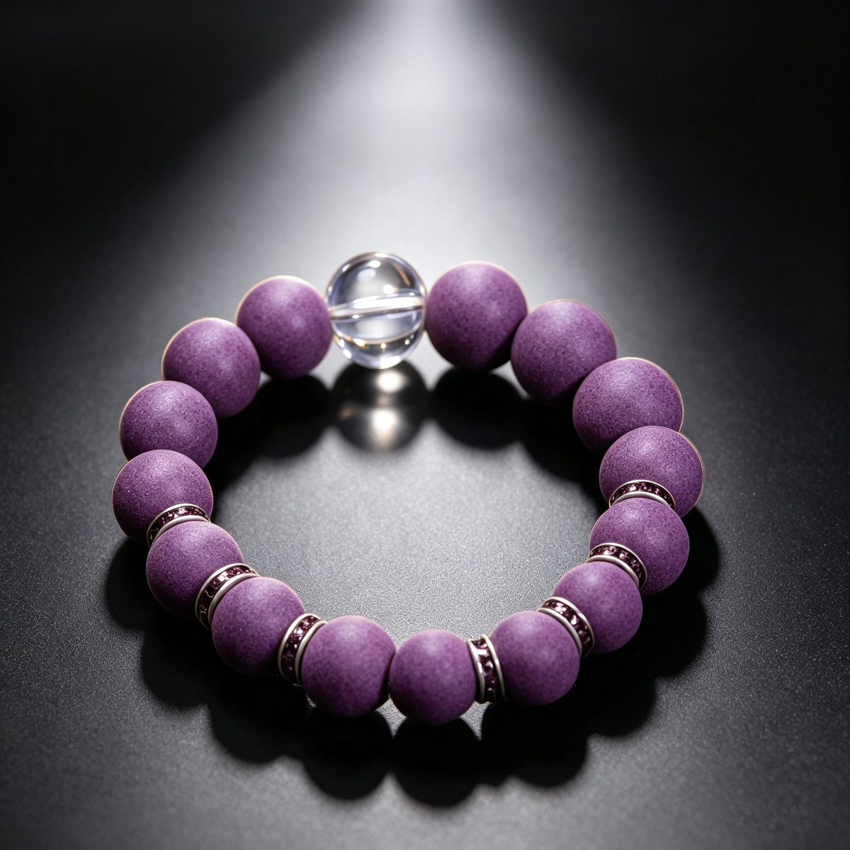 BEYUL Scholar's Clarity purple incense bead bracelet with clear quartz — hand-strung elastic bracelet, alternate view 2