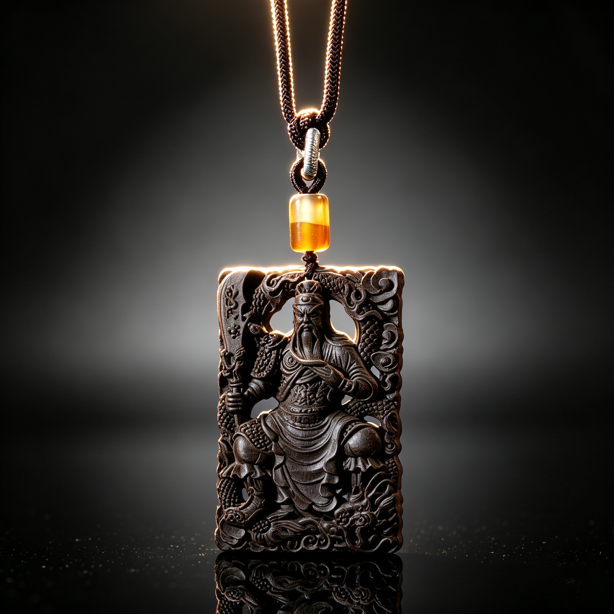BEYUL Guan Gong aroma amulet pendant with cord and tassel — pressed botanical amulet on braided cord, alternate view 2