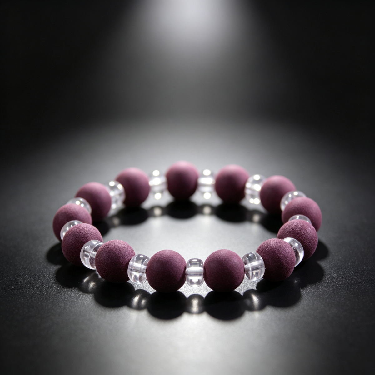 BEYUL Purple Rose plum incense bead bracelet with clear crystal — hand-strung elastic bracelet, alternate view 2