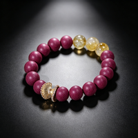 BEYUL Fire Element fuchsia incense bead bracelet with citrine and gold leaf charm — hand-strung elastic bracelet, alternate view 2